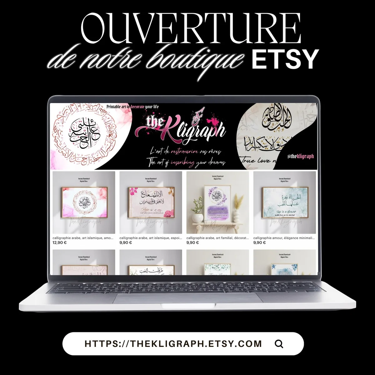 La boutique Etsy de The Kligraph affichée sur un ordinateur portable